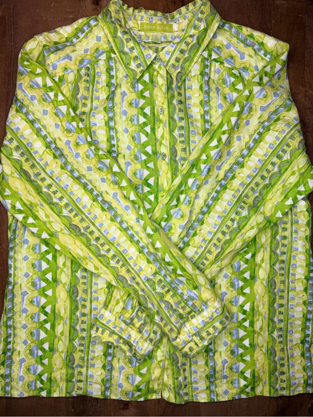 Sigrid Olsen Lime Green & Light Blue Geometric Button-Down Shirt